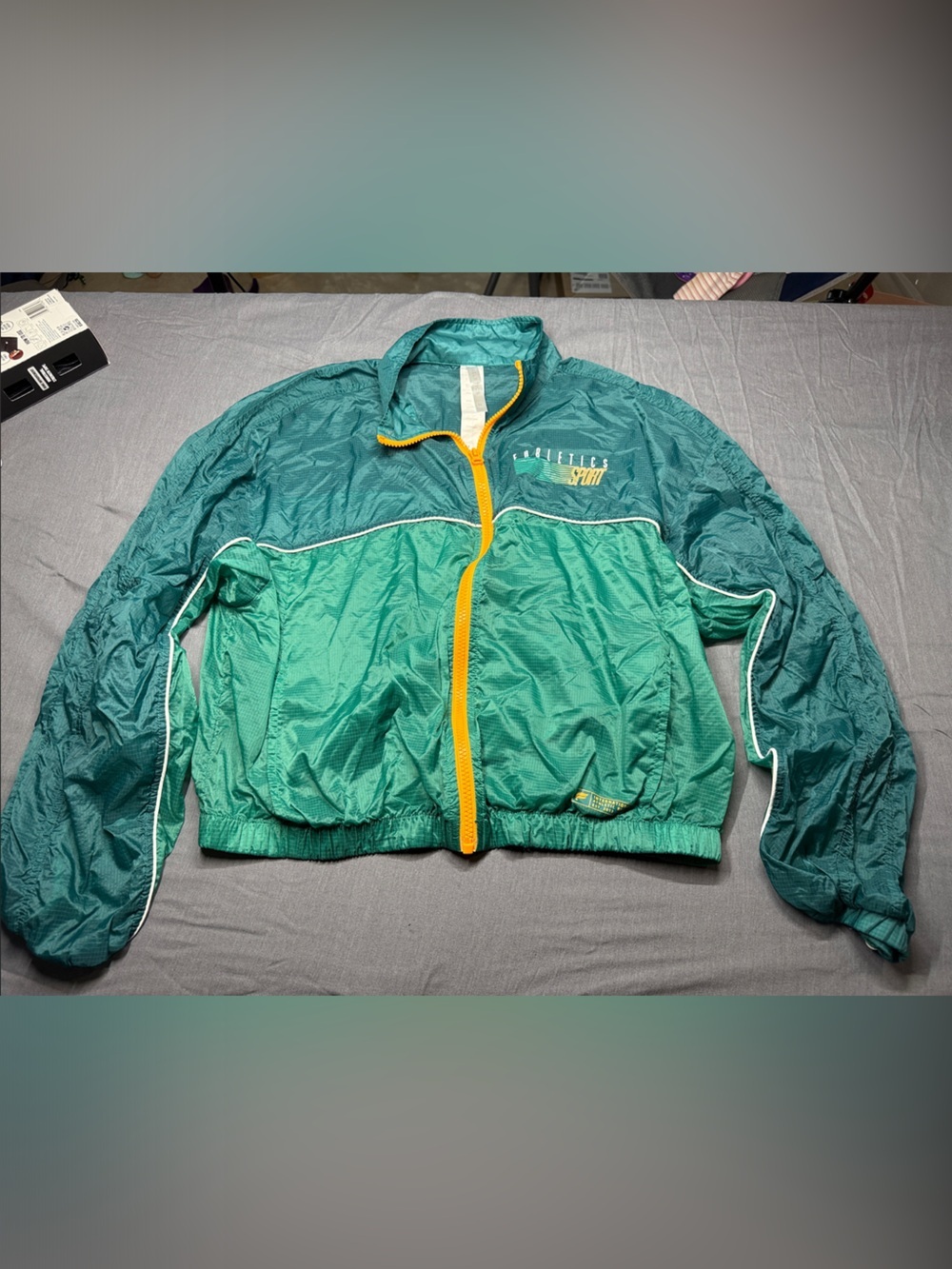 Fabletics Green Windbreaker Rain Jacket with Yellow Zip